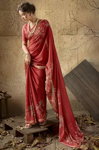 Red georgette floral printed saree with unstitched blouse