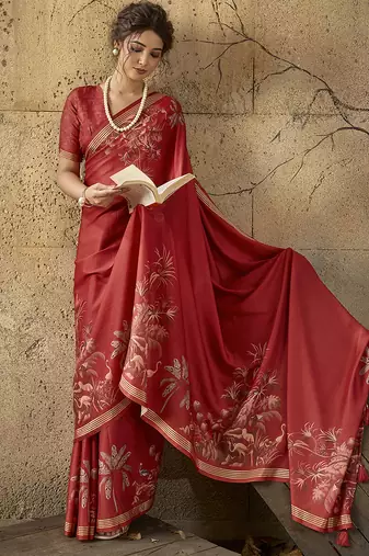 Red georgette floral printed saree with unstitched blouse