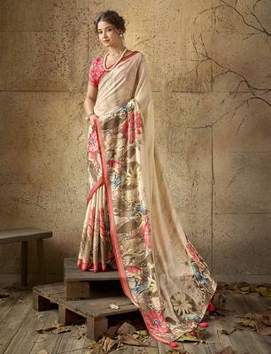 Beige georgette floral printed saree with unstitched blouse 1