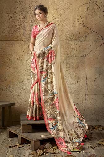 Beige georgette floral printed saree with unstitched blouse