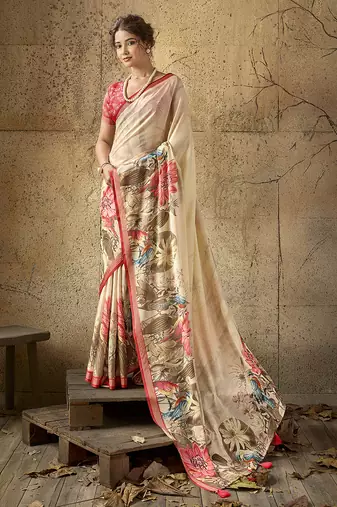 Beige georgette floral printed saree with unstitched blouse