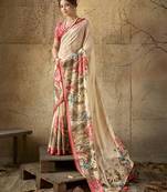 Beige georgette floral printed saree with unstitched blouse