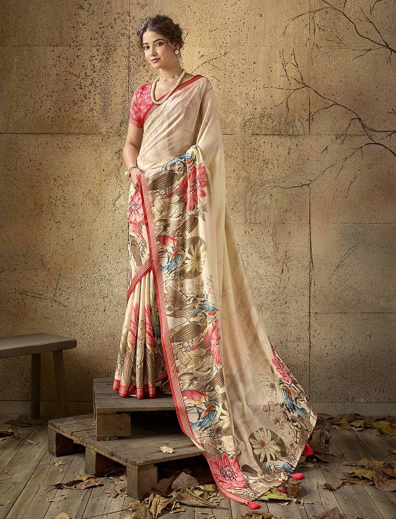 Beige georgette floral printed saree with unstitched blouse