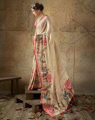 Beige georgette floral printed saree with unstitched blouse 2