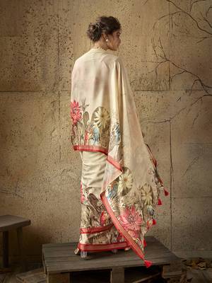 Beige georgette floral printed saree with unstitched blouse 3