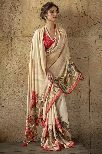 Beige georgette floral printed saree with unstitched blouse