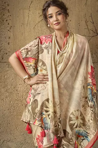 Beige georgette floral printed saree with unstitched blouse