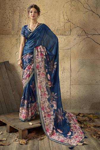 Blue georgette floral printed saree with unstitched blouse