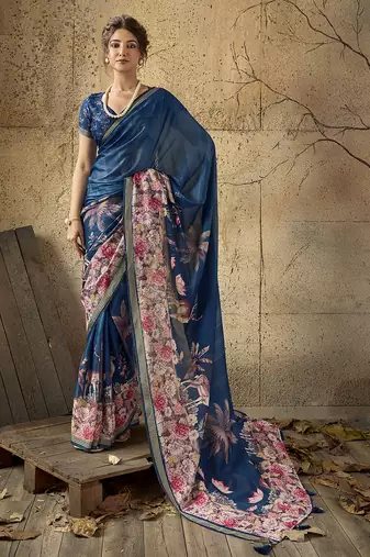 Blue georgette floral printed saree with unstitched blouse