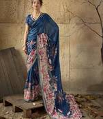 Blue georgette floral printed saree with unstitched blouse