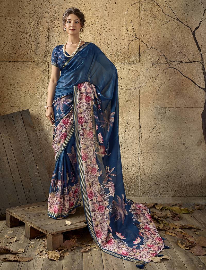 Blue georgette floral printed saree with unstitched blouse