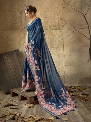 Blue georgette floral printed saree with unstitched blouse 2