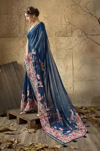 Blue georgette floral printed saree with unstitched blouse