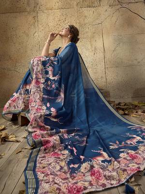 Blue georgette floral printed saree with unstitched blouse 3