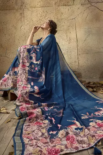 Blue georgette floral printed saree with unstitched blouse
