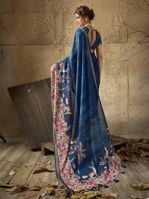 Blue georgette floral printed saree with unstitched blouse 4