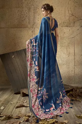 Blue georgette floral printed saree with unstitched blouse