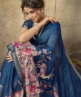 Blue georgette floral printed saree with unstitched blouse 5