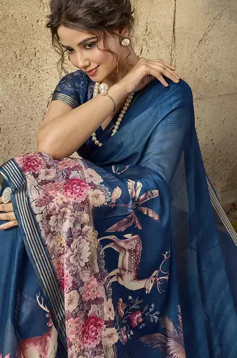 Blue georgette floral printed saree with unstitched blouse