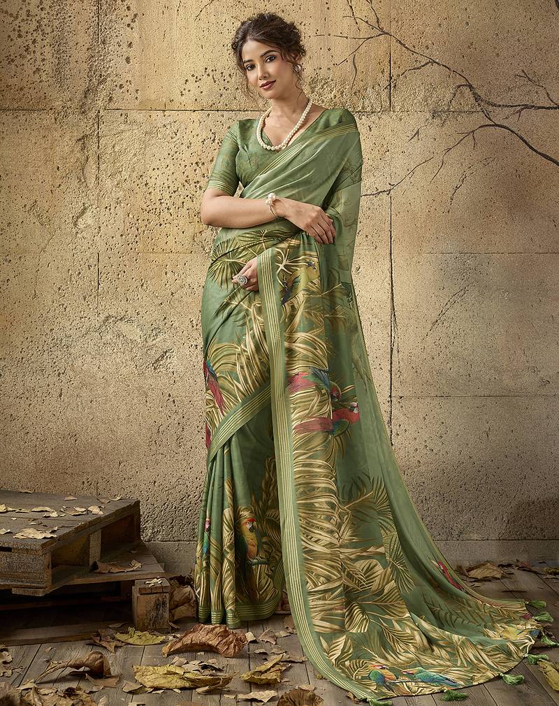 Green georgette floral printed saree with unstitched blouse