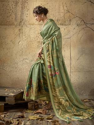 Green georgette floral printed saree with unstitched blouse 2