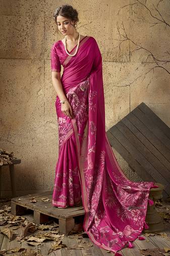 Pink georgette floral printed saree with unstitched blouse