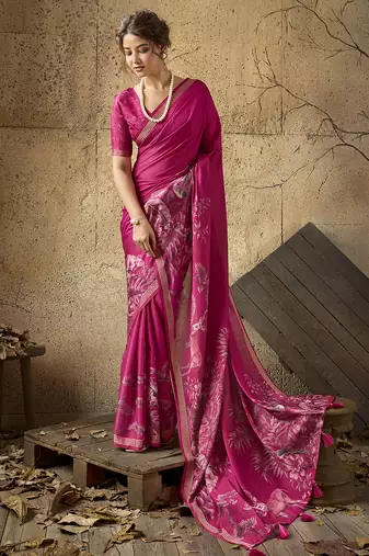 Pink georgette floral printed saree with unstitched blouse