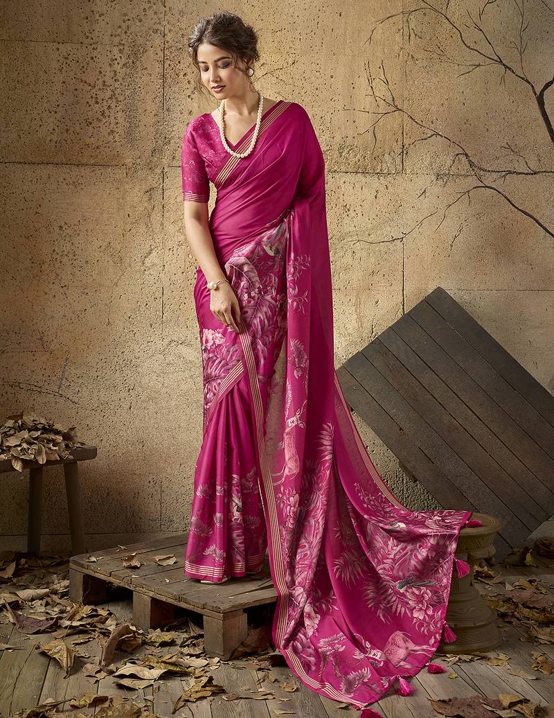 Pink georgette floral printed saree with unstitched blouse