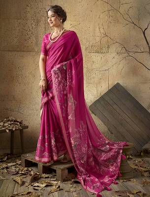 Pink georgette floral printed saree with unstitched blouse 2