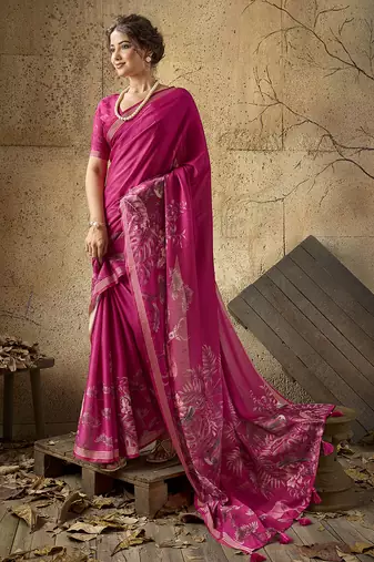 Pink georgette floral printed saree with unstitched blouse