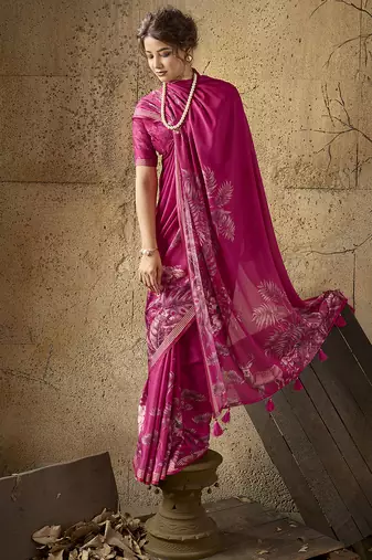 Pink georgette floral printed saree with unstitched blouse