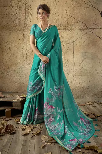 Green georgette floral printed saree with unstitched blouse