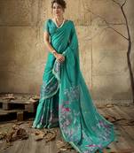 Green georgette floral printed saree with unstitched blouse