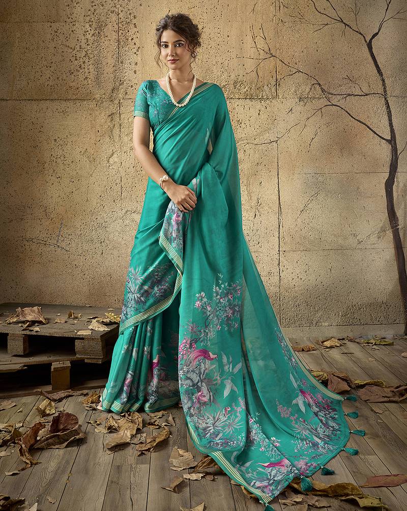Green georgette floral printed saree with unstitched blouse