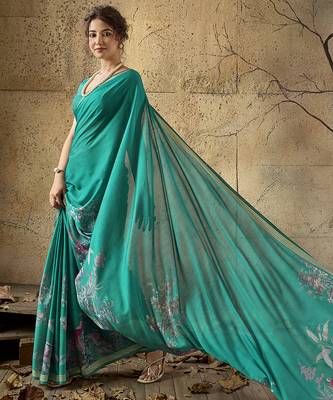 Green georgette floral printed saree with unstitched blouse 2