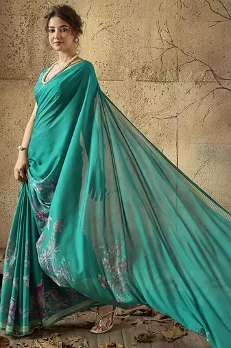 Green georgette floral printed saree with unstitched blouse