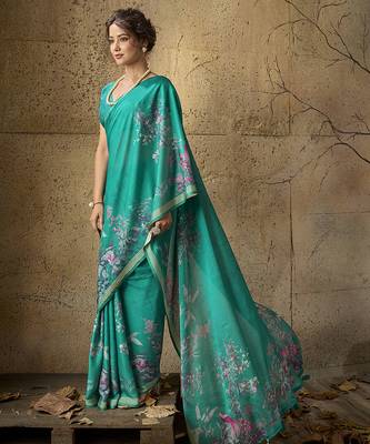Green georgette floral printed saree with unstitched blouse 3