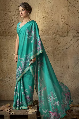Green georgette floral printed saree with unstitched blouse