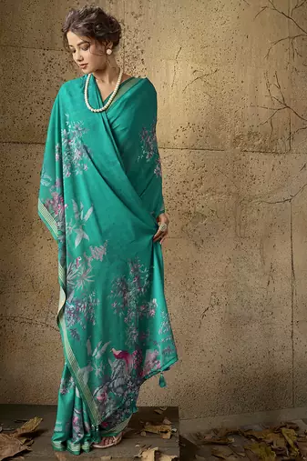 Green georgette floral printed saree with unstitched blouse