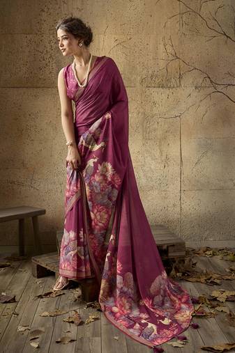 Wine georgette floral printed saree with unstitched blouse