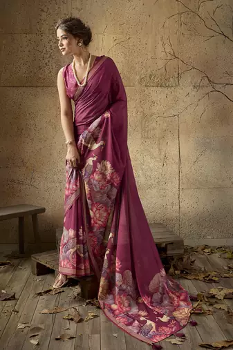 Wine georgette floral printed saree with unstitched blouse