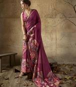 Wine georgette floral printed saree with unstitched blouse