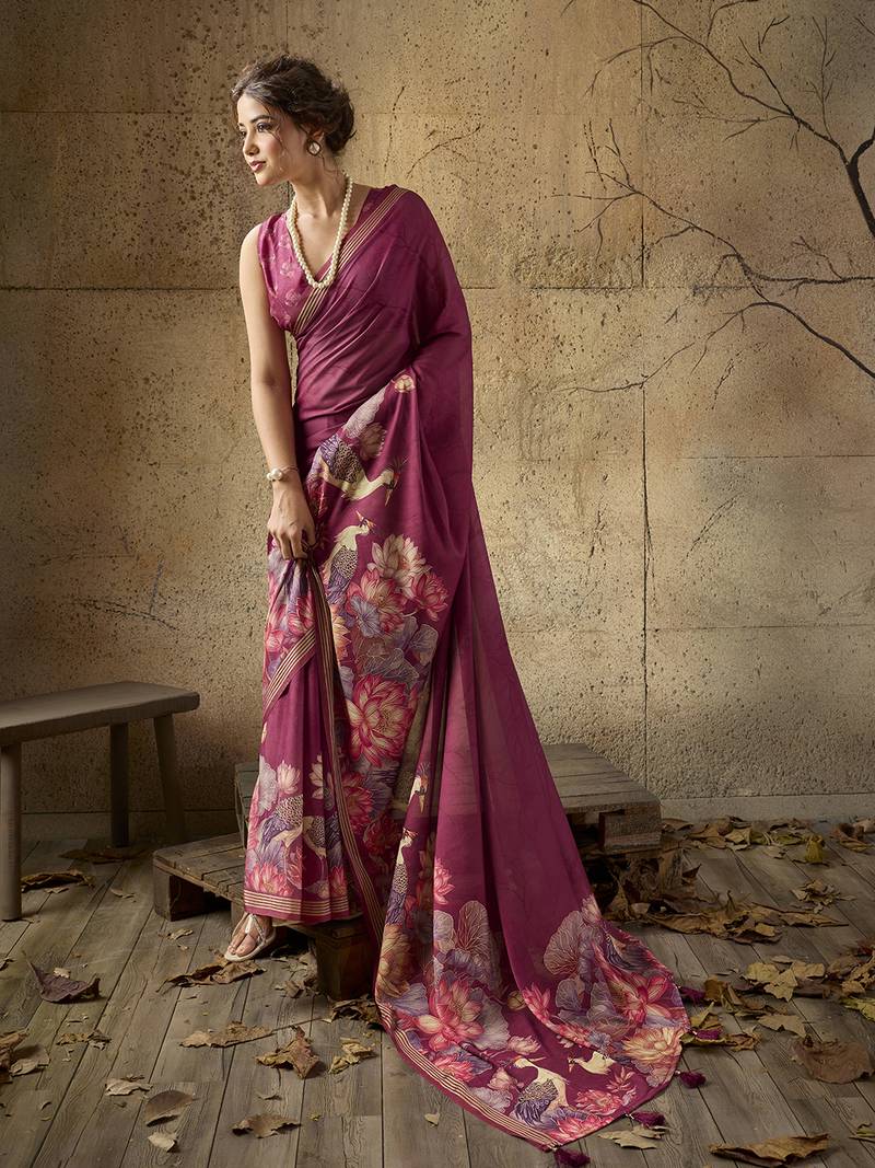 Wine georgette floral printed saree with unstitched blouse