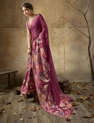 Wine georgette floral printed saree with unstitched blouse 2
