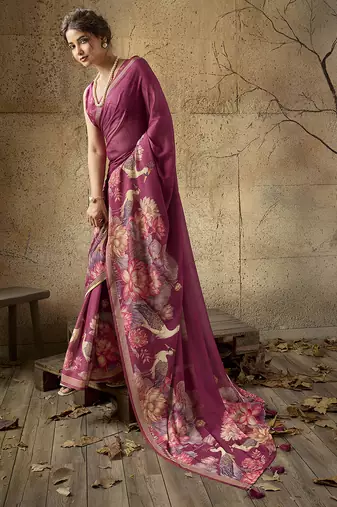Wine georgette floral printed saree with unstitched blouse