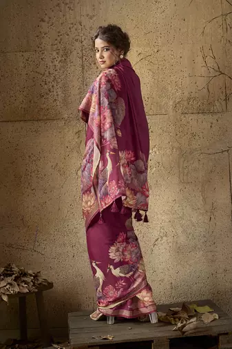 Wine georgette floral printed saree with unstitched blouse