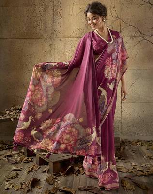 Wine georgette floral printed saree with unstitched blouse 4
