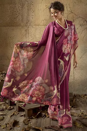 Wine georgette floral printed saree with unstitched blouse