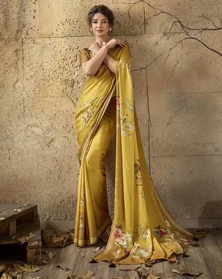 Mustard georgette floral printed saree with unstitched blouse 1
