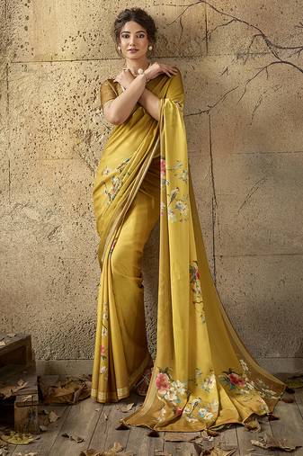 Mustard georgette floral printed saree with unstitched blouse